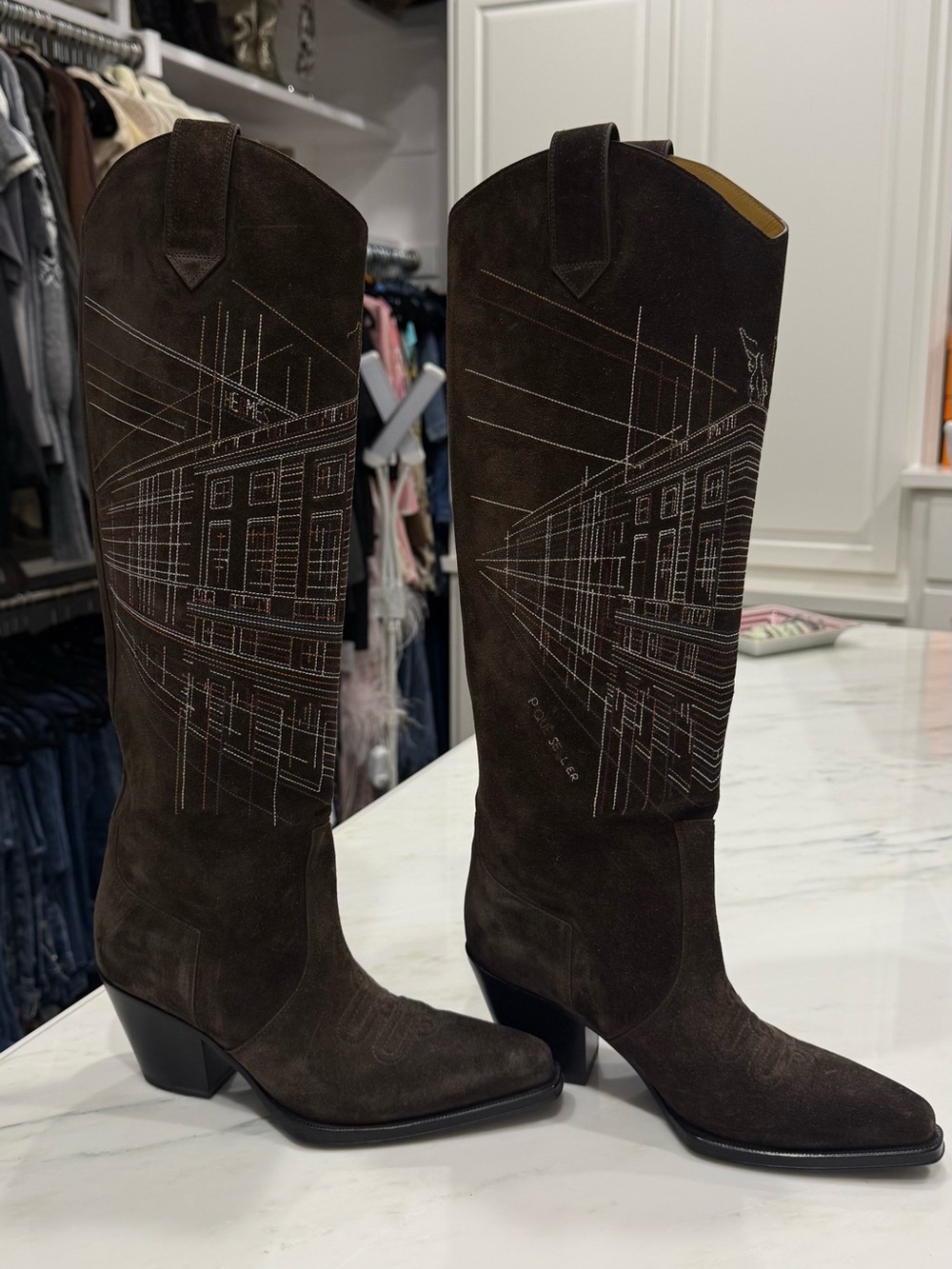 Hermes Brown Suede Cowboy Boots with Architectural Stitching - Picture 6 of 8